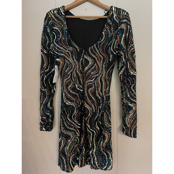 DRESS THE POPULATION Nathalia Long Sleeve Mini Sequin Swirl Retro Dress S NWT - Picture 5 of 9